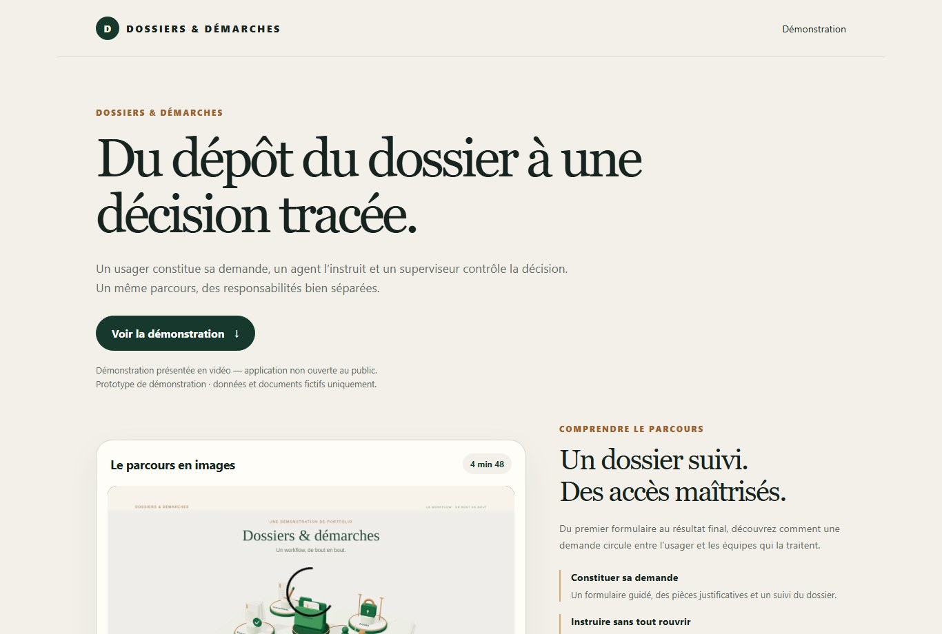 La page de présentation de Dossiers & démarches, avec son parcours de dossier administratif.