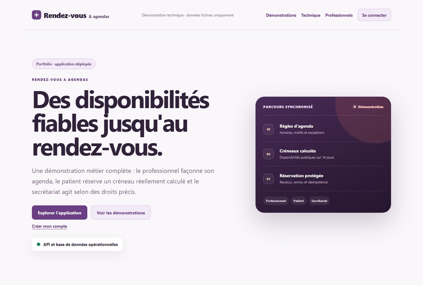 La page d’accueil de Rendez-vous & agendas, avec son aperçu de réservation.